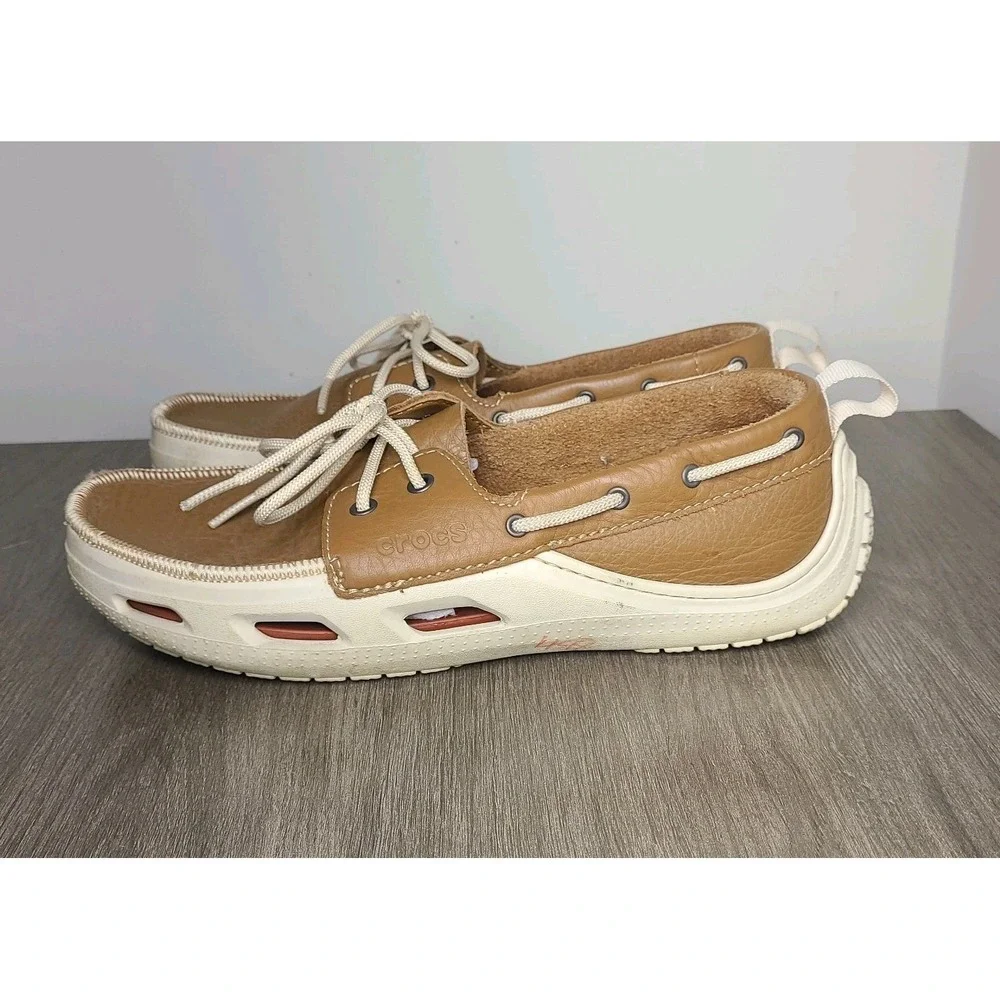 Crocs Mens Boat Shoes Size 9M Brown Leather Lace Up Slip On Casual Comfort